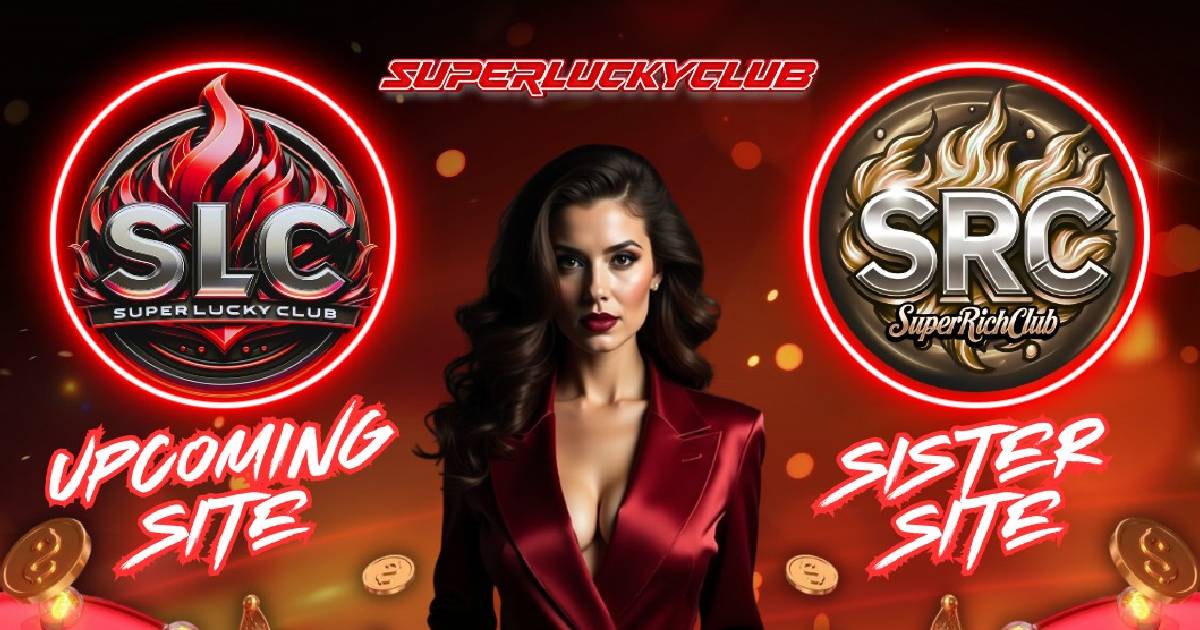 Main visual banner featuring Super Lucky Club gameplay and mobile app promotion